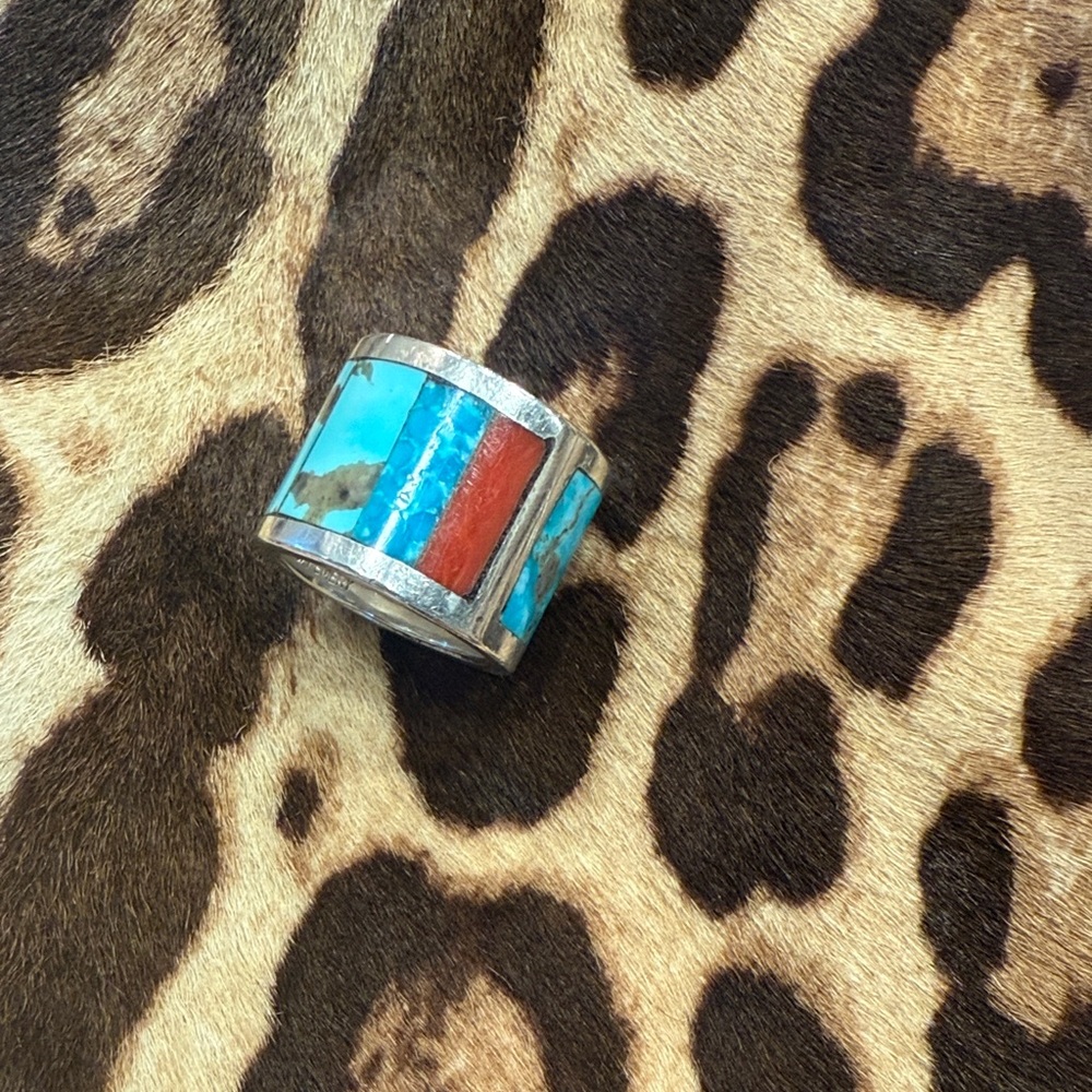 Sterling Silver Turquoise & Coral Inlay Wide Band Ring - Blue & Red. Navajo